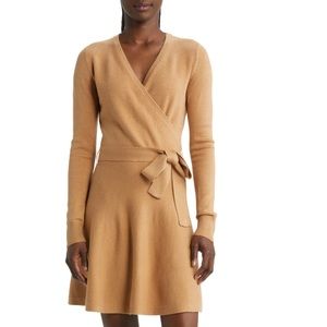 French Connection Long sleeve faux wrap sweater dress in Camel Melange
